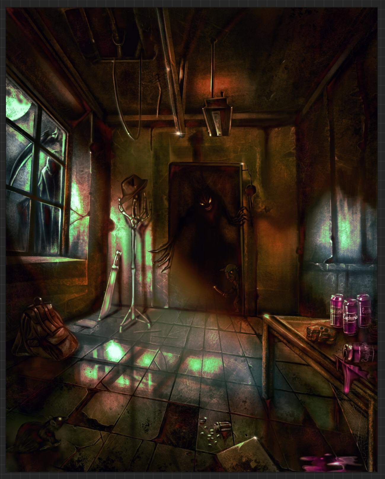 A shadowy creature in a decaying room, with cans of Euphoria on the table