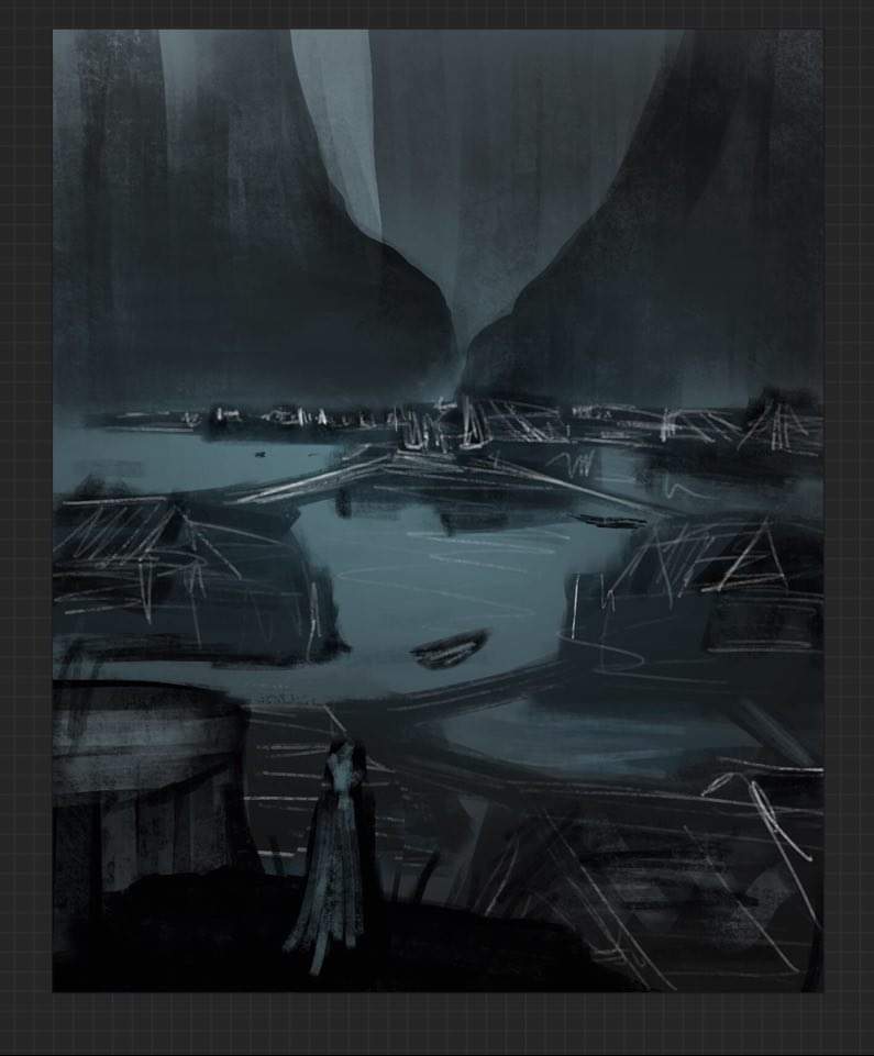 Early sketch for The Land of Eternal Rain: a flooded village between dark cliffs