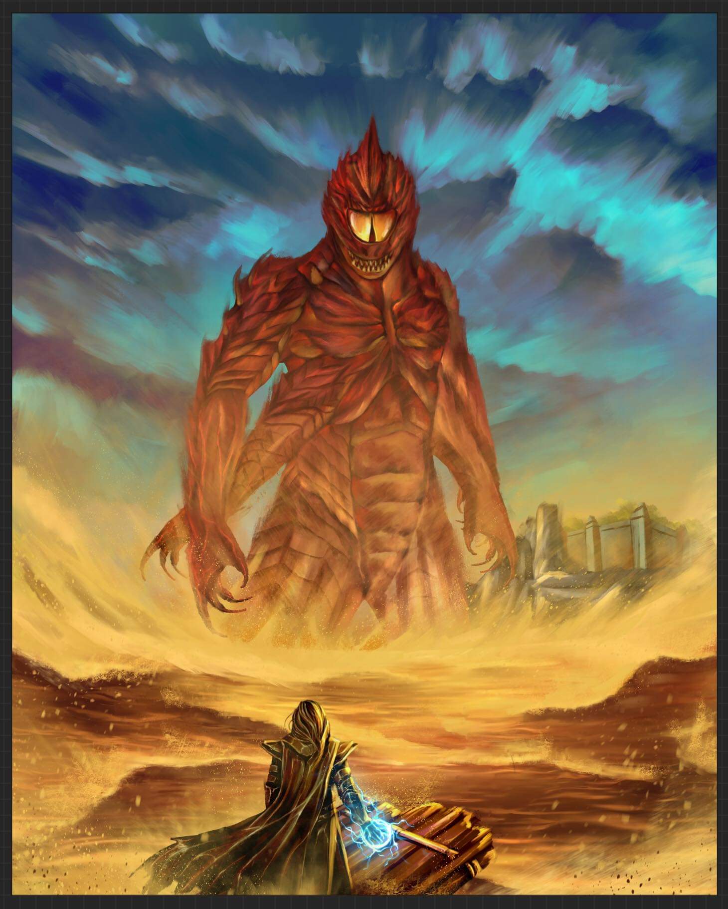 The sand giant rises before Ryan Foster under a stormy sky, Ocean of Sand art