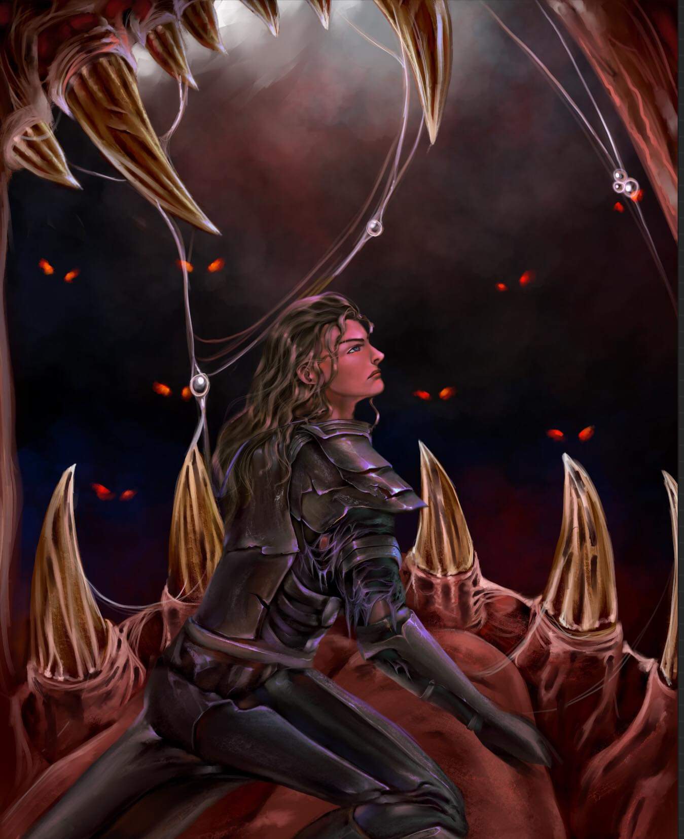 A knight kneels inside a monstrous maw ringed by red eyes