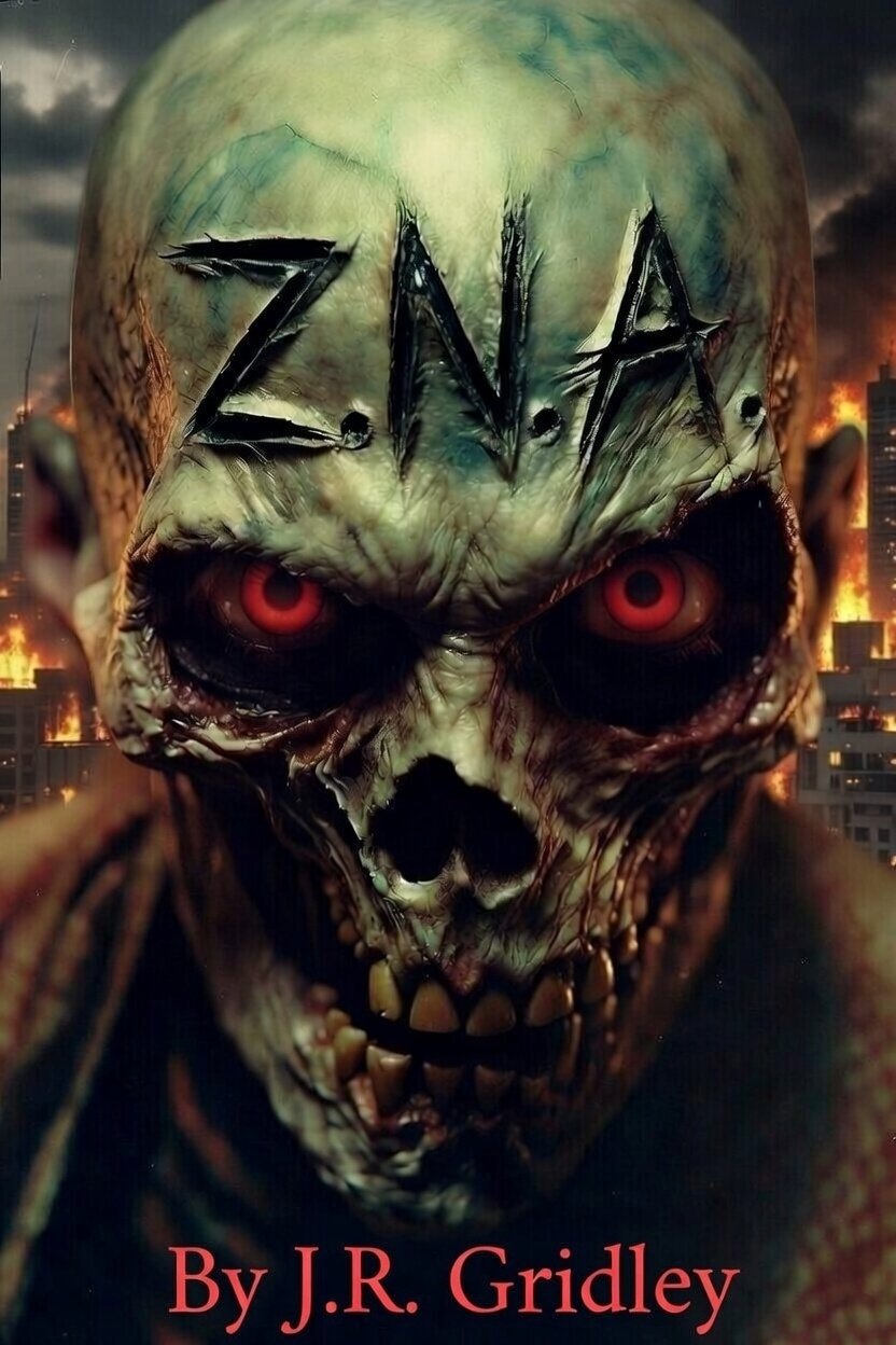 Z.N.A. cover concept: a zombie before a burning city, red title